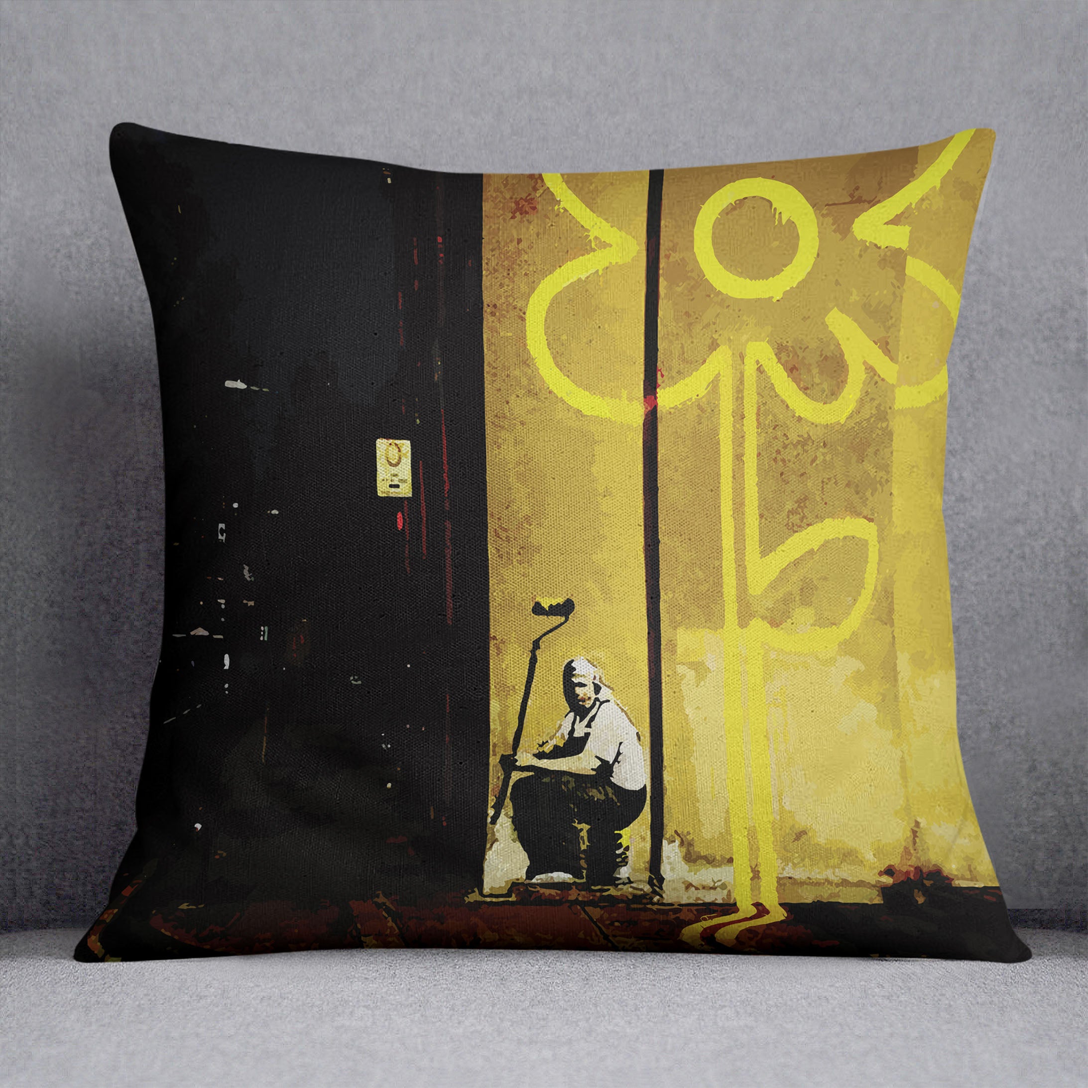 Banksy Yellow Lines Cushion - Canvas Art Rocks - 1