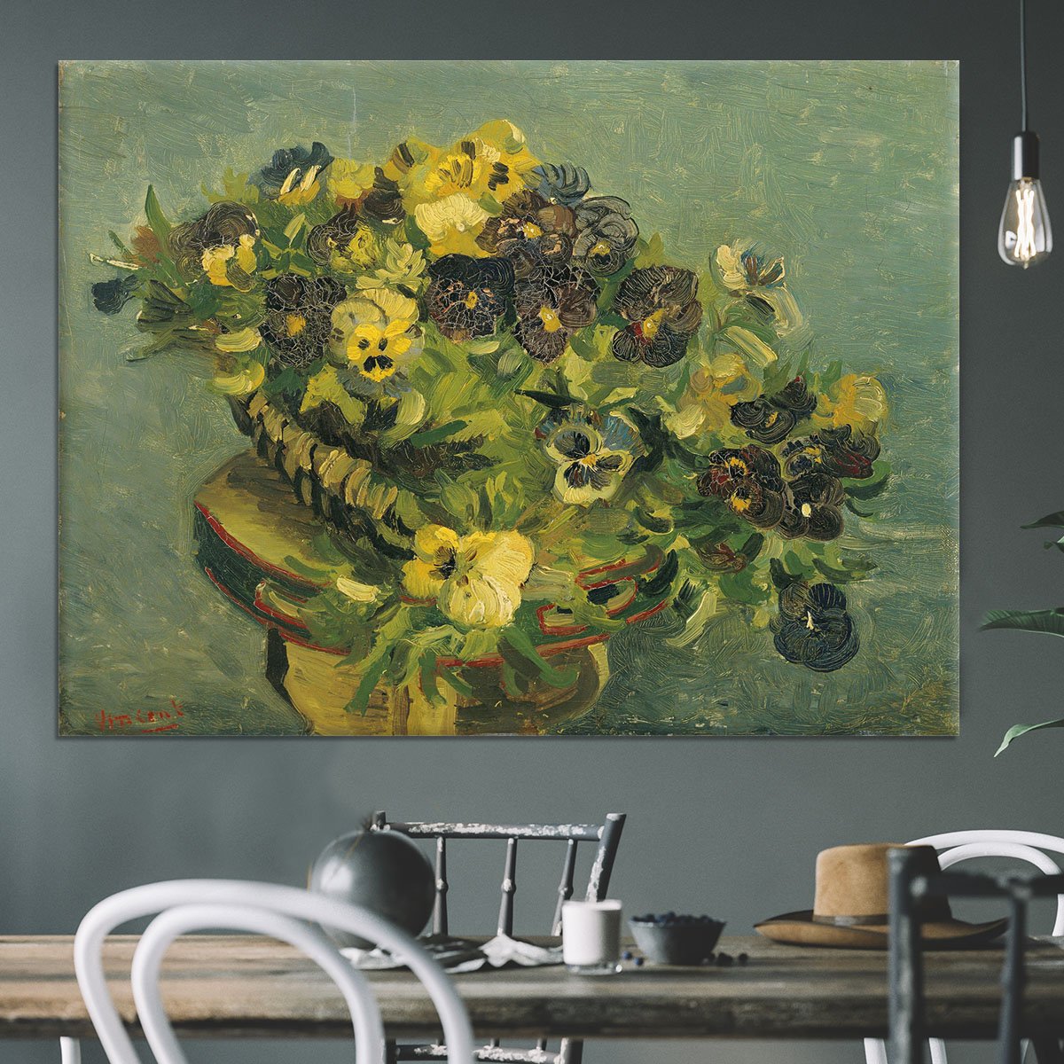 Basket of pansies on a small table by Van Gogh Canvas Print or Poster