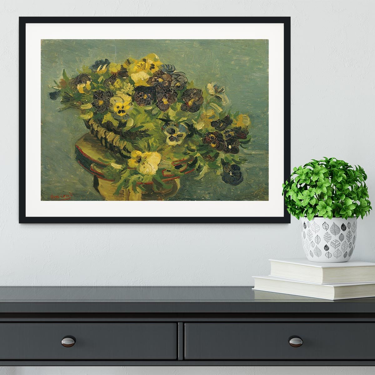 Basket of pansies on a small table by Van Gogh Framed Print - Canvas Art Rocks - 1