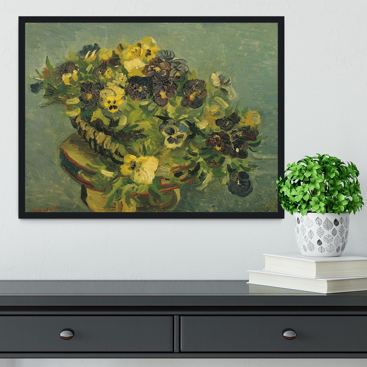 Basket of pansies on a small table by Van Gogh Framed Print - Canvas Art Rocks - 2