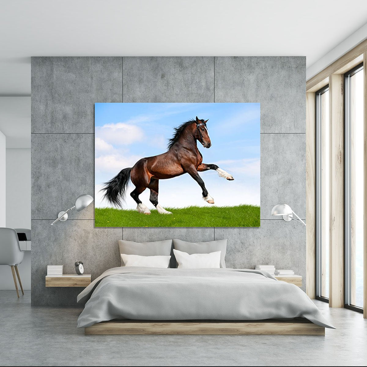 Bay horse running in field Canvas Print or Poster