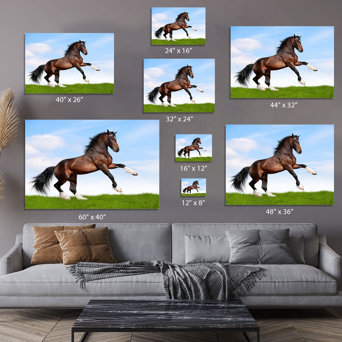 Bay horse running in field Canvas Print or Poster