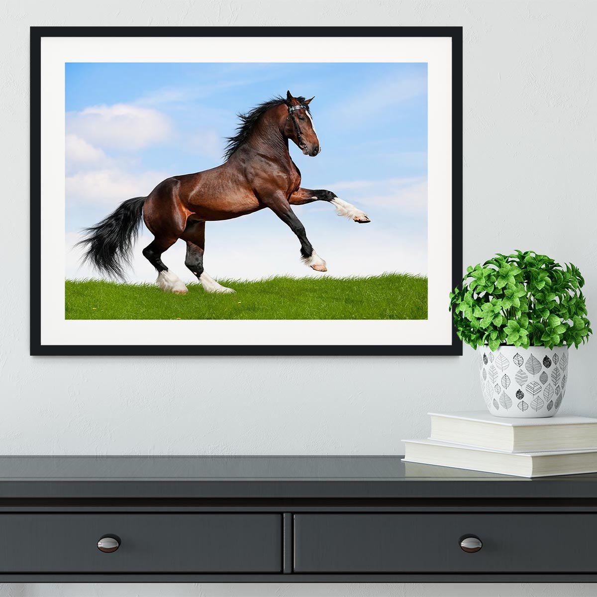 Bay horse running in field Framed Print - Canvas Art Rocks - 1