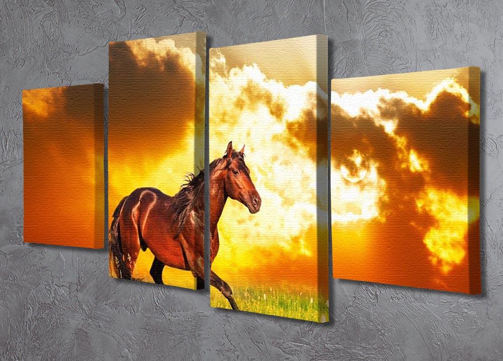 Bay horse skips on a meadow against a sunset 4 Split Panel Canvas - Canvas Art Rocks - 2