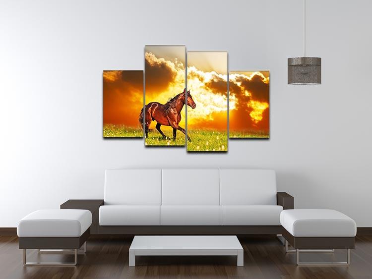 Bay horse skips on a meadow against a sunset 4 Split Panel Canvas - Canvas Art Rocks - 3