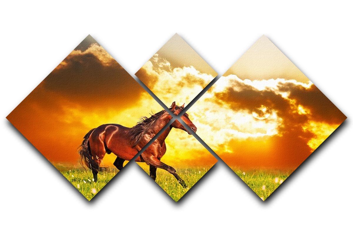 Bay horse skips on a meadow against a sunset 4 Square Multi Panel Canvas - Canvas Art Rocks - 1