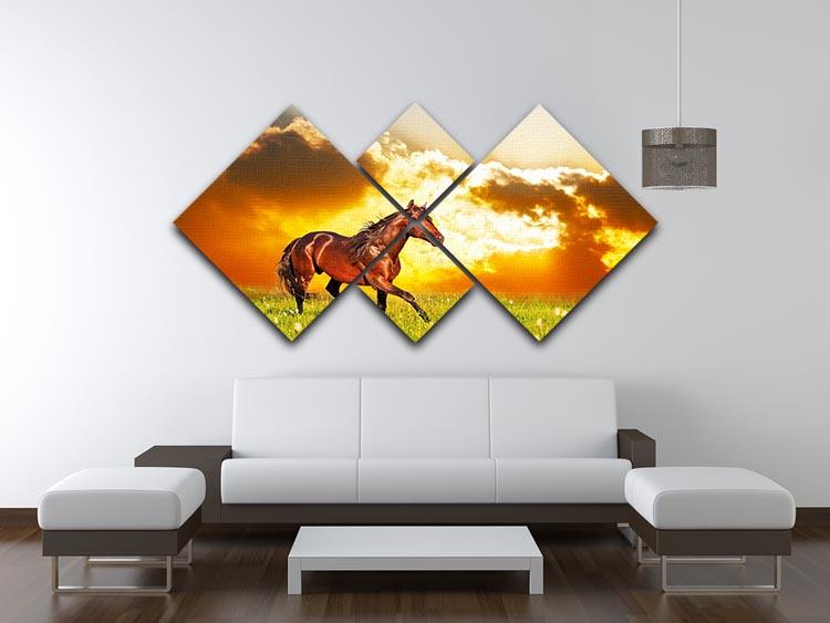 Bay horse skips on a meadow against a sunset 4 Square Multi Panel Canvas - Canvas Art Rocks - 3
