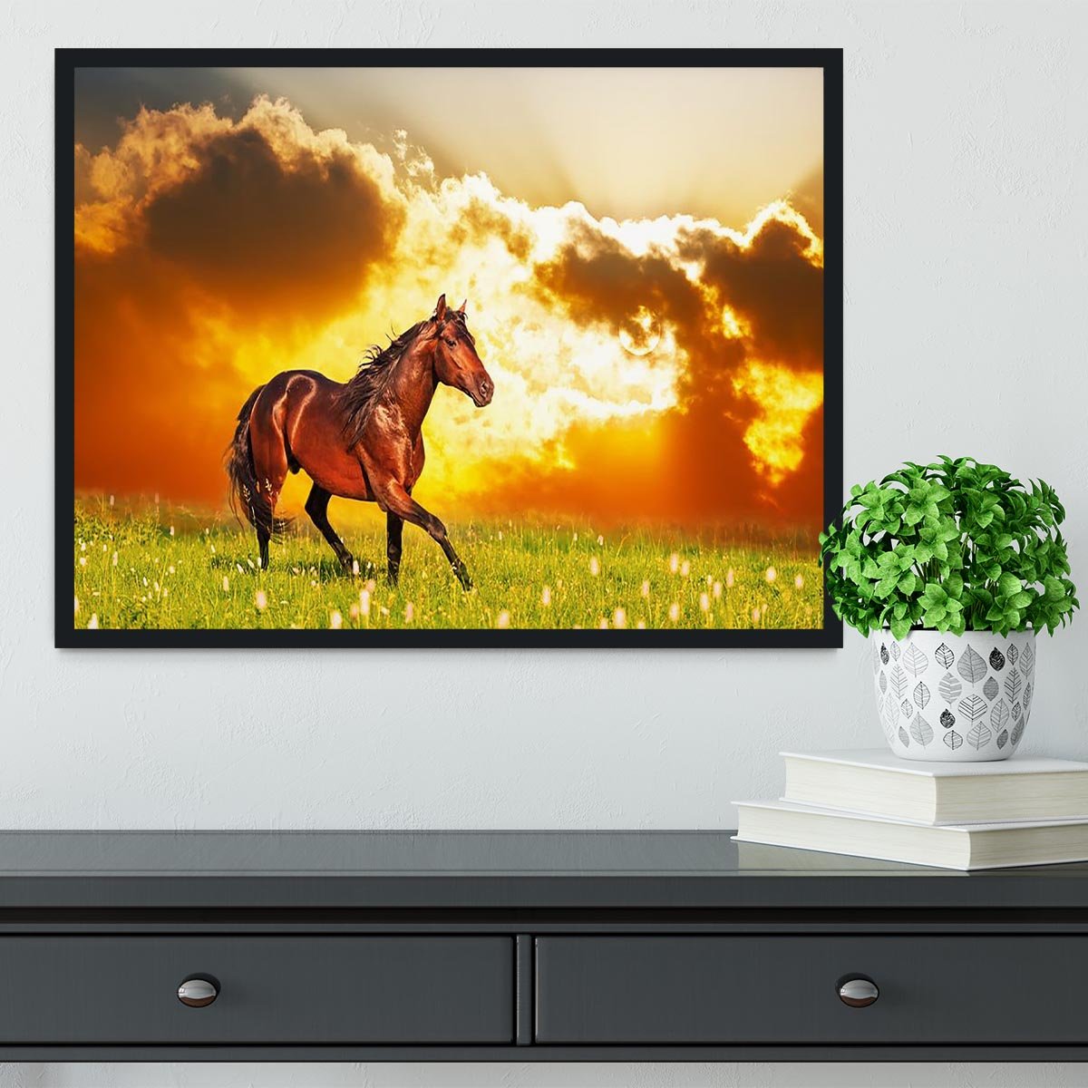 Bay horse skips on a meadow against a sunset Framed Print - Canvas Art Rocks - 2