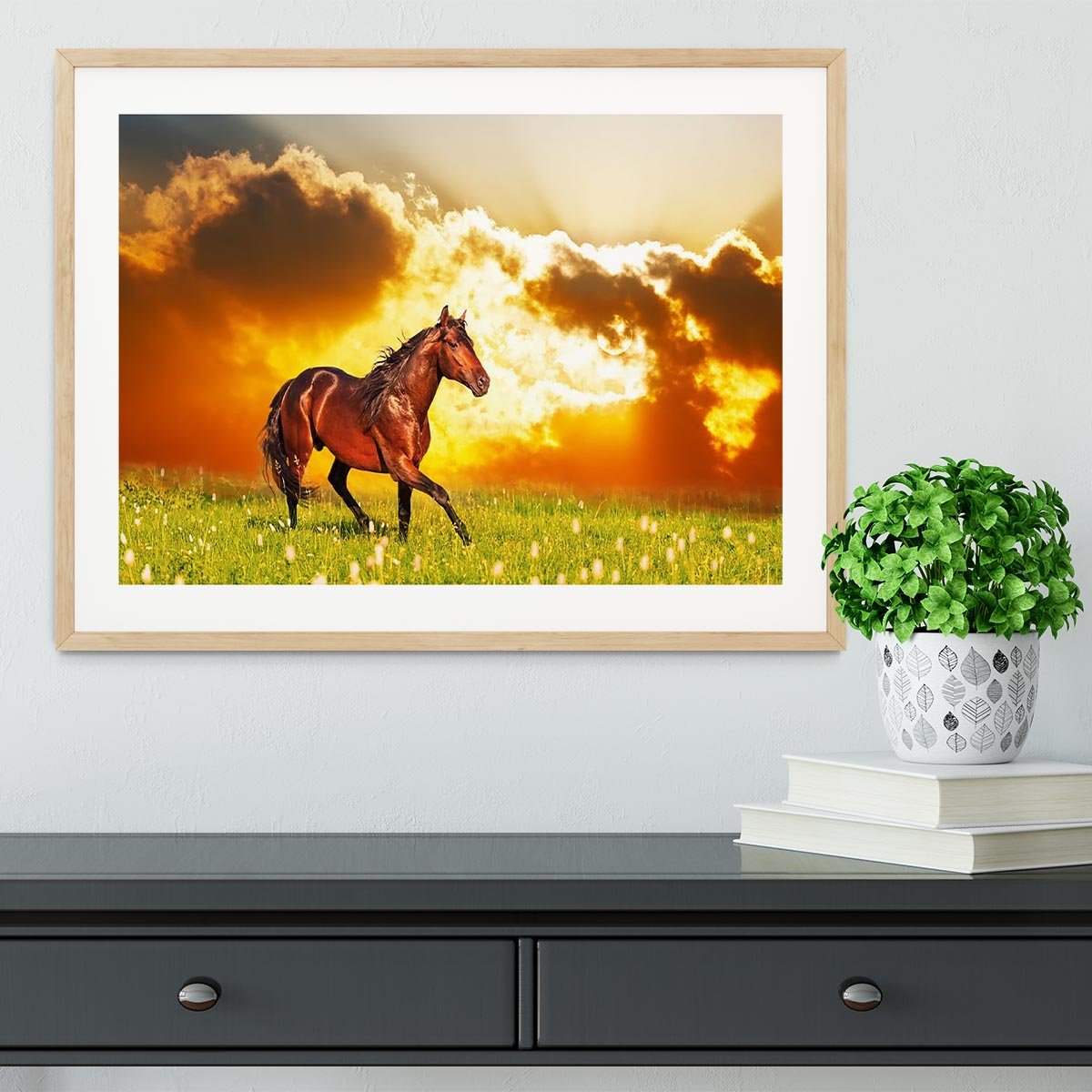 Bay horse skips on a meadow against a sunset Framed Print - Canvas Art Rocks - 3