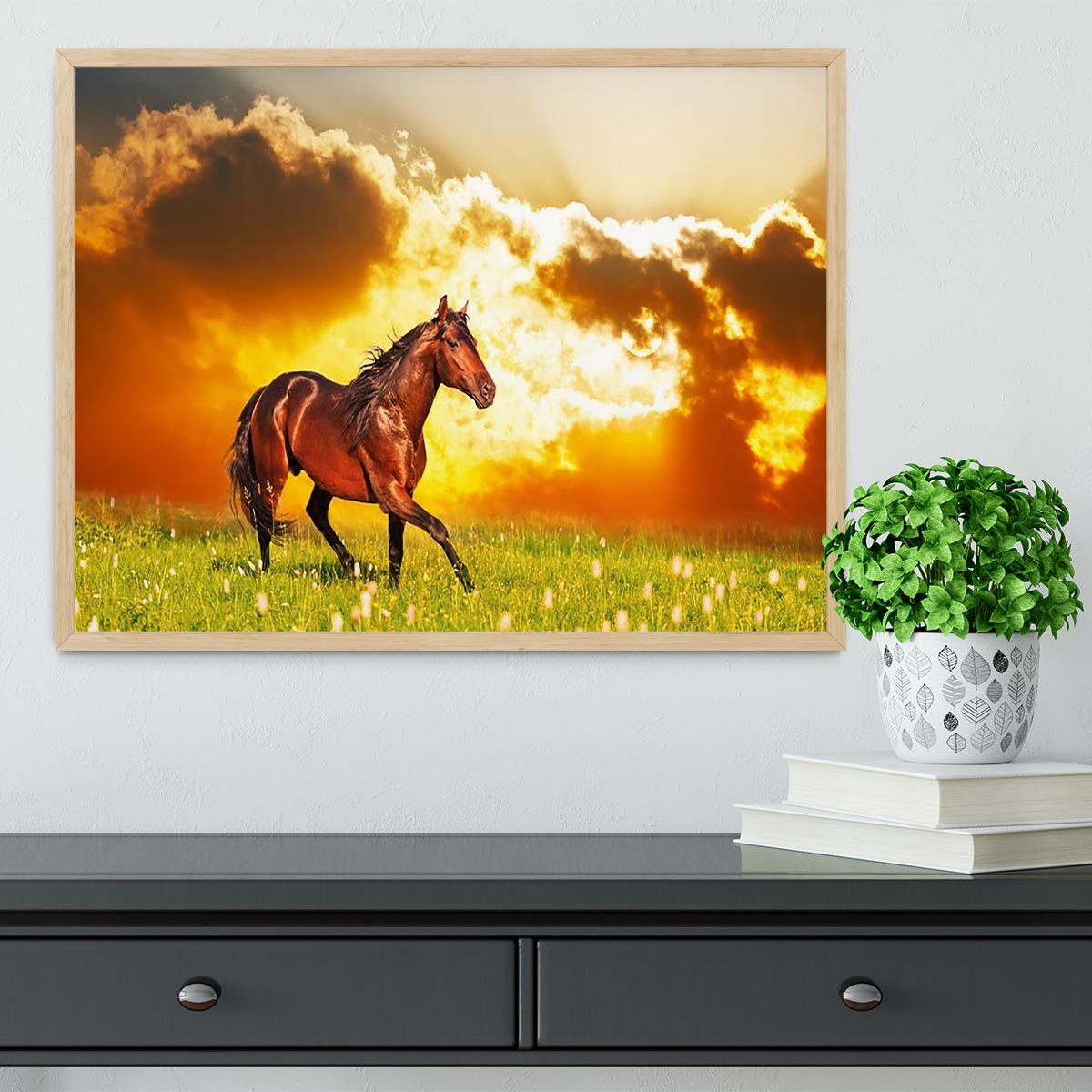 Bay horse skips on a meadow against a sunset Framed Print - Canvas Art Rocks - 4