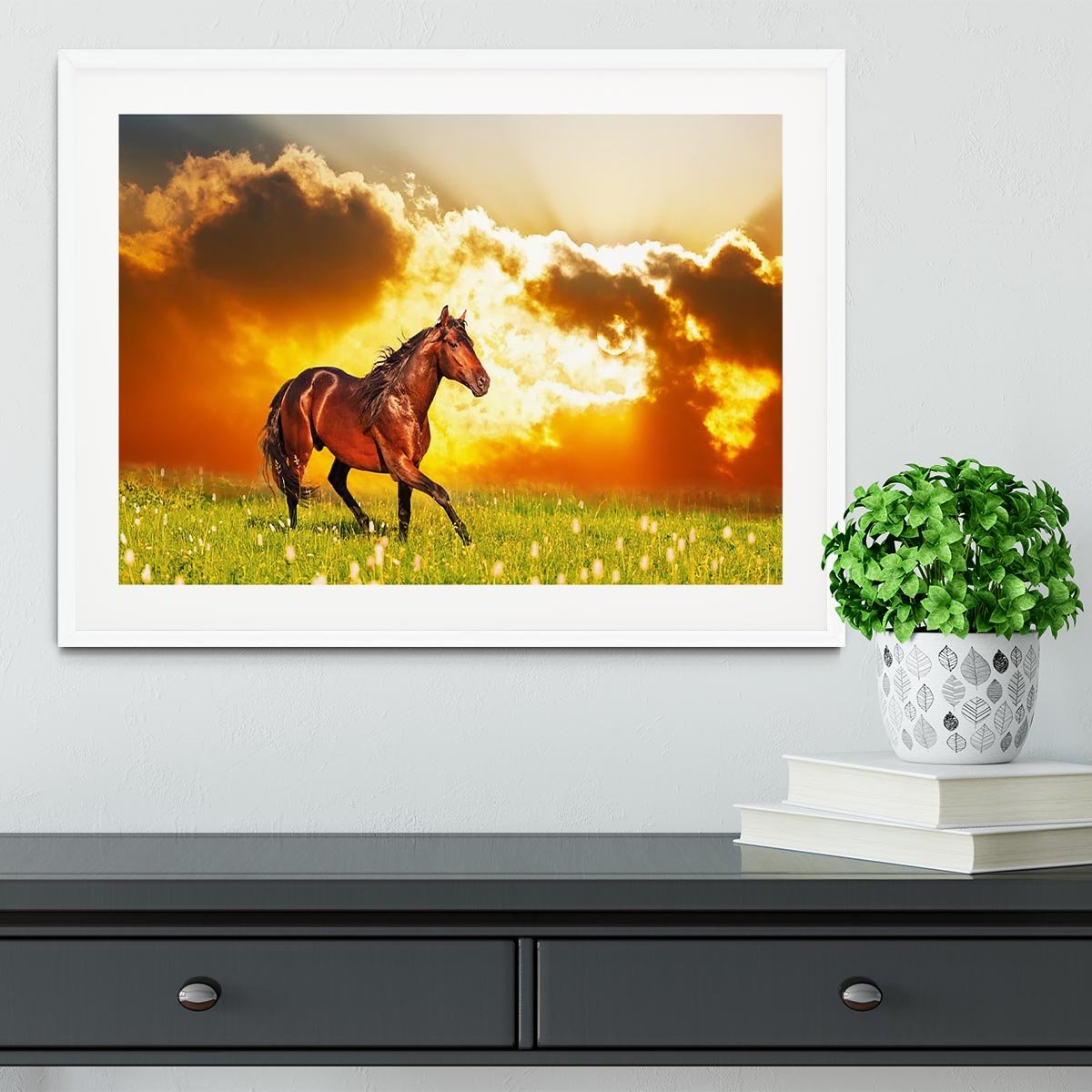 Bay horse skips on a meadow against a sunset Framed Print - Canvas Art Rocks - 5