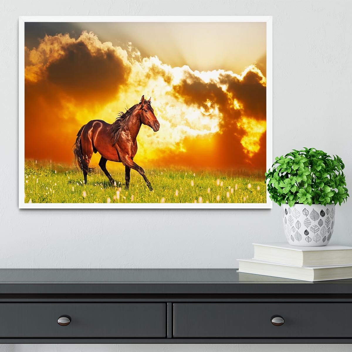 Bay horse skips on a meadow against a sunset Framed Print - Canvas Art Rocks -6