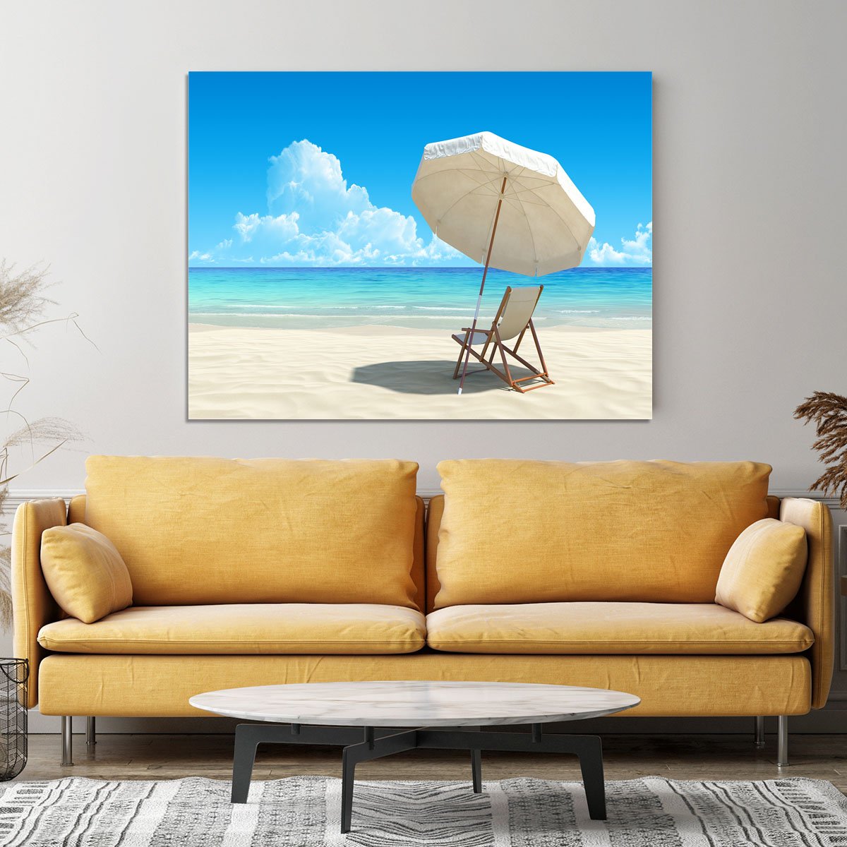 Beach chair and umbrella on idyllic tropical sand beach Canvas Print or Poster