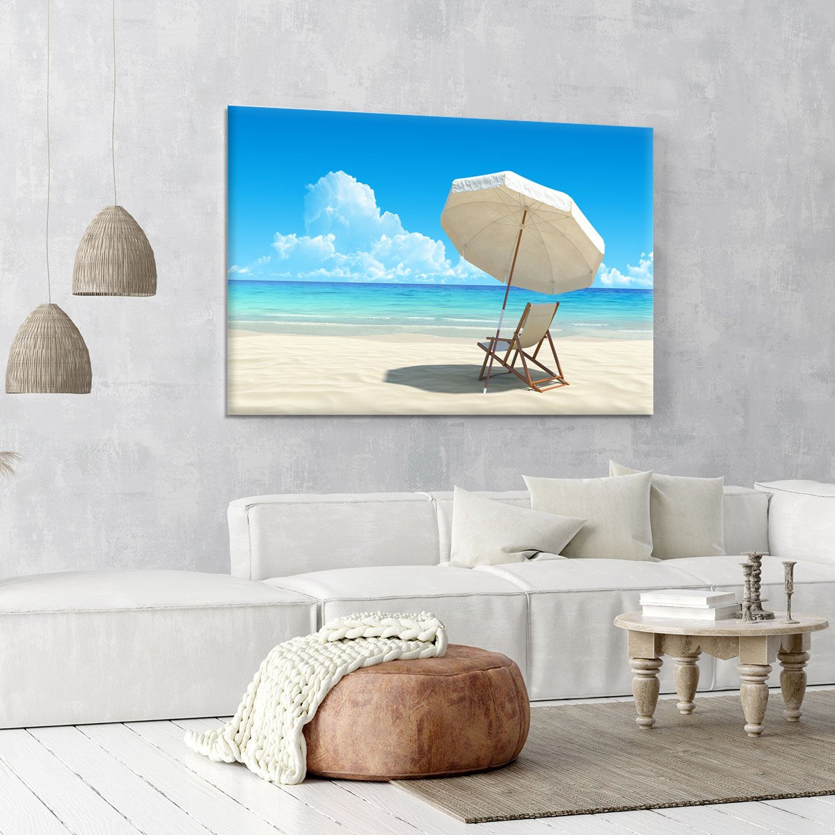 Beach chair and umbrella on idyllic tropical sand beach Canvas Print or Poster