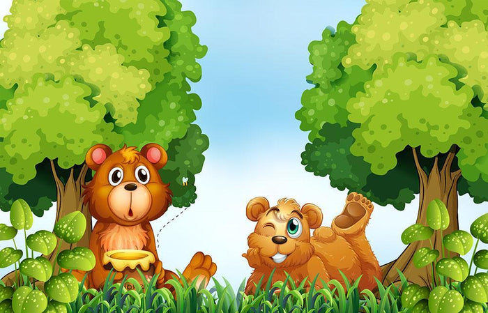 Bears and jar of honey in the forest Wall Mural Wallpaper