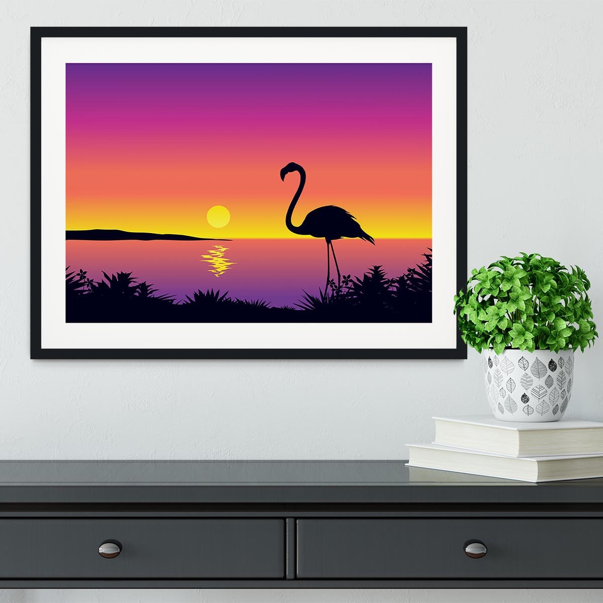Beautiful coastline view with flamingo Framed Print - Canvas Art Rocks - 1