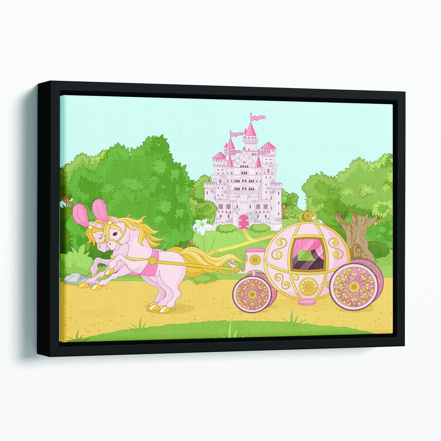 Beautiful fairytale pink carriage and castle Floating Framed Canvas