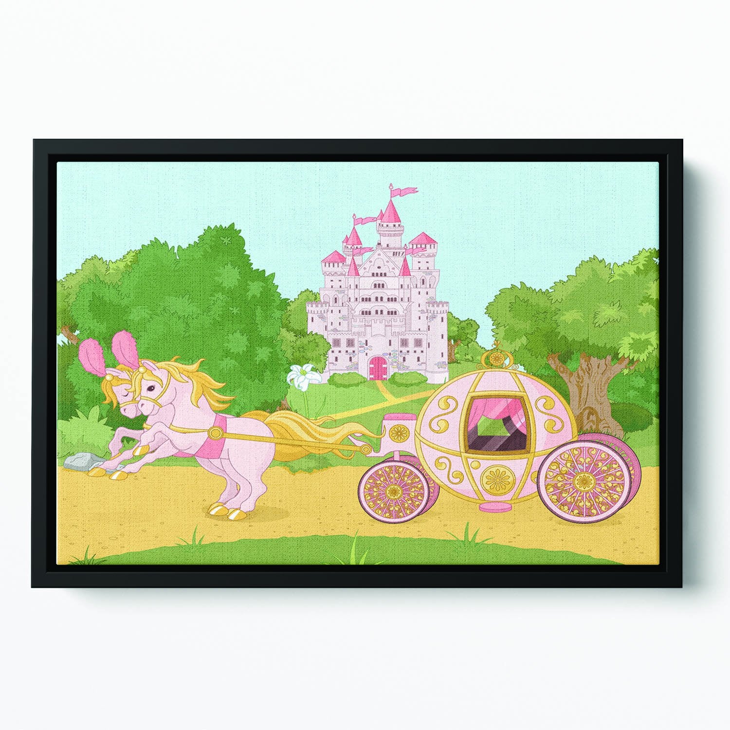 Beautiful fairytale pink carriage and castle Floating Framed Canvas