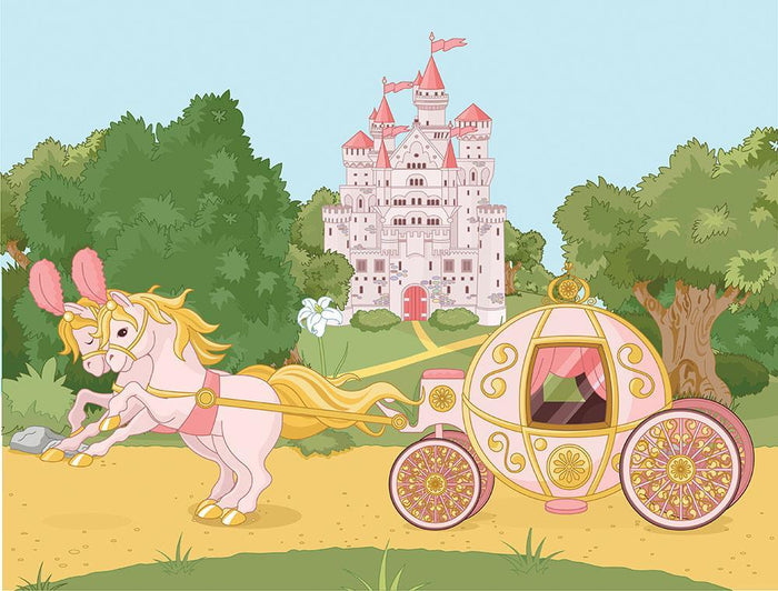 Beautiful fairytale pink carriage and castle Wall Mural Wallpaper