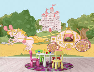 Beautiful fairytale pink carriage and castle Wall Mural Wallpaper - Canvas Art Rocks - 2