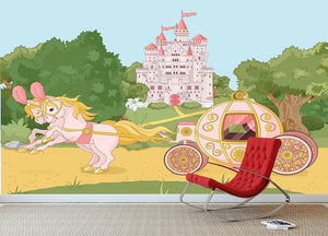 Beautiful fairytale pink carriage and castle Wall Mural Wallpaper - Canvas Art Rocks - 3