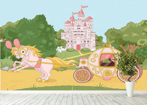 Beautiful fairytale pink carriage and castle Wall Mural Wallpaper - Canvas Art Rocks - 4