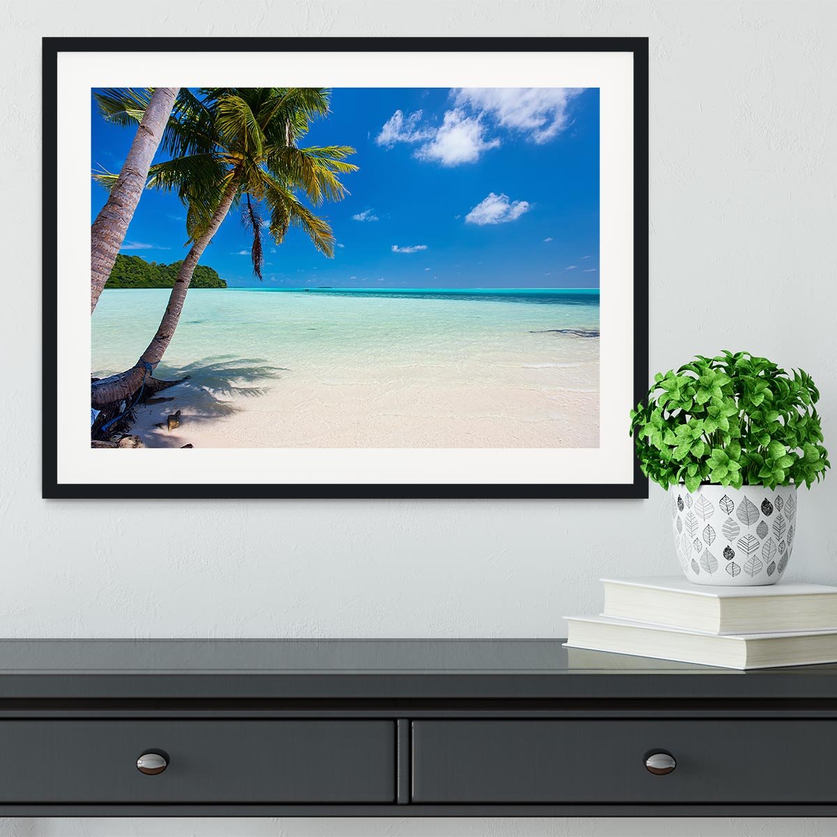 Beautiful tropical beach with palm trees Framed Print - Canvas Art Rocks - 1