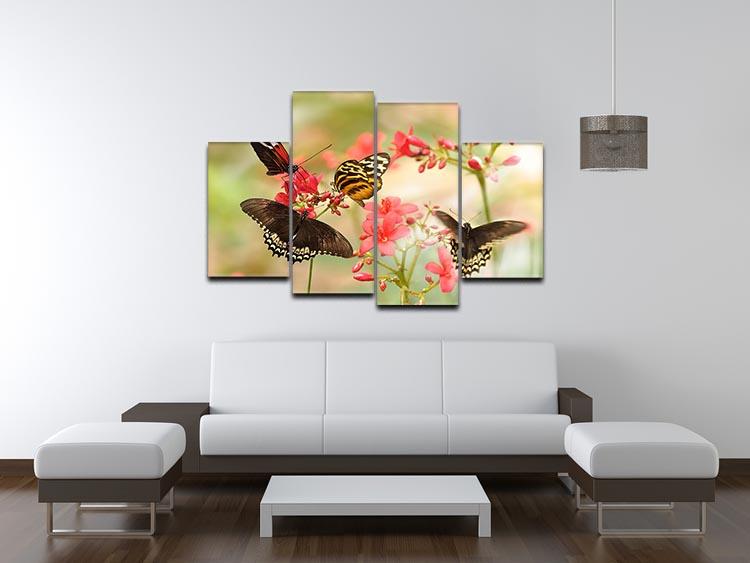 Beautiful tropical butterflies on a red flowers 4 Split Panel Canvas - Canvas Art Rocks - 3