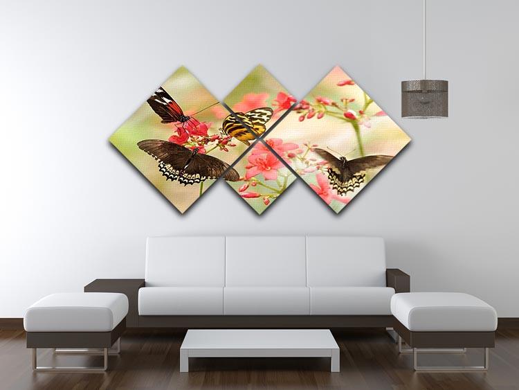 Beautiful tropical butterflies on a red flowers 4 Square Multi Panel Canvas - Canvas Art Rocks - 3
