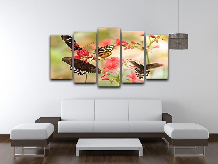 Beautiful tropical butterflies on a red flowers 5 Split Panel Canvas - Canvas Art Rocks - 3