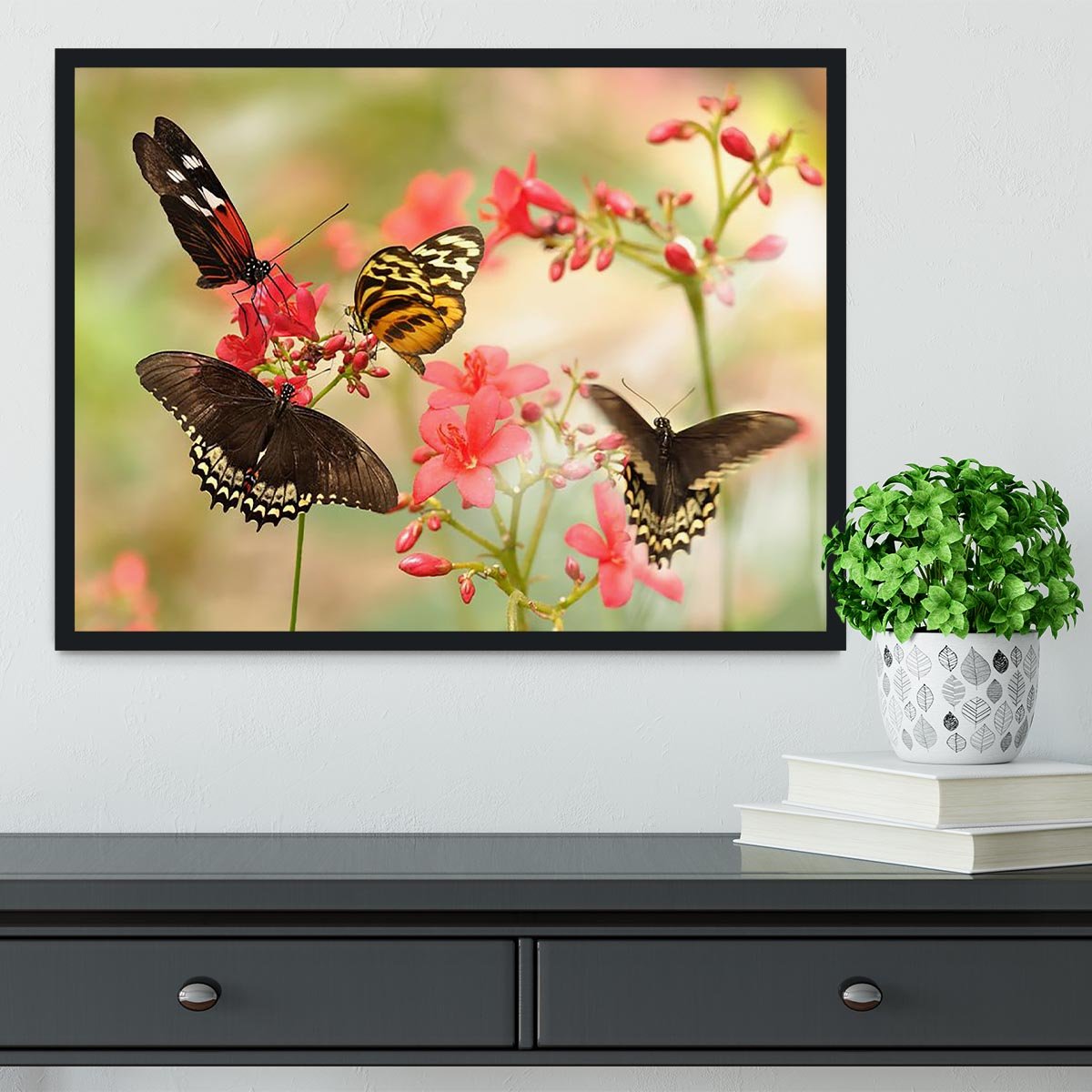 Beautiful tropical butterflies on a red flowers Framed Print - Canvas Art Rocks - 2