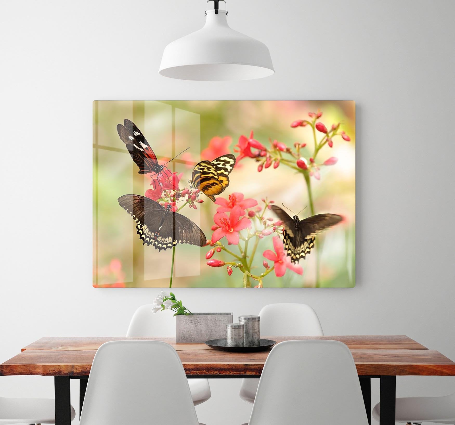 Beautiful tropical butterflies on a red flowers HD Metal Print - Canvas Art Rocks - 2