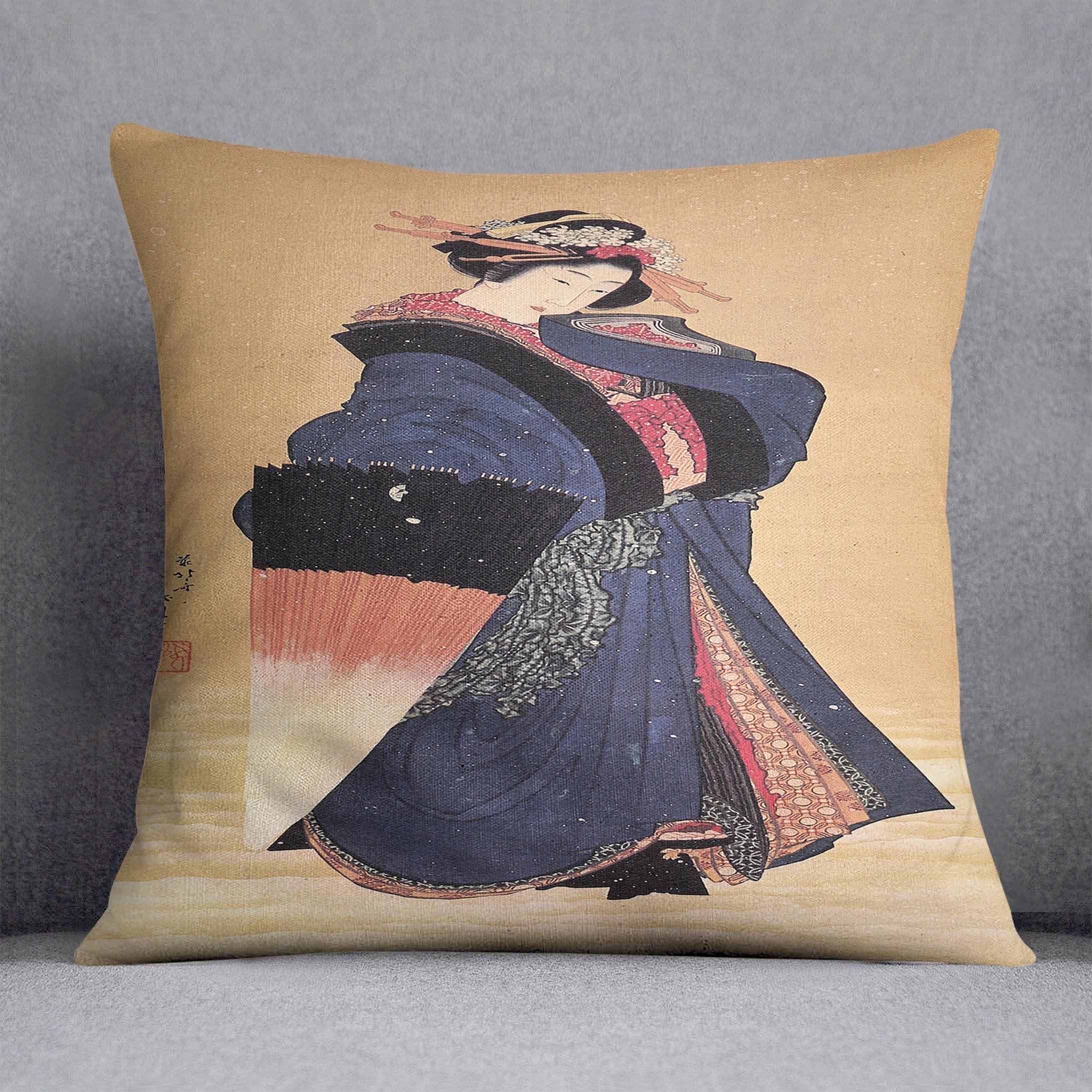 Beauty with umbrella in the snow by Hokusai Throw Pillow