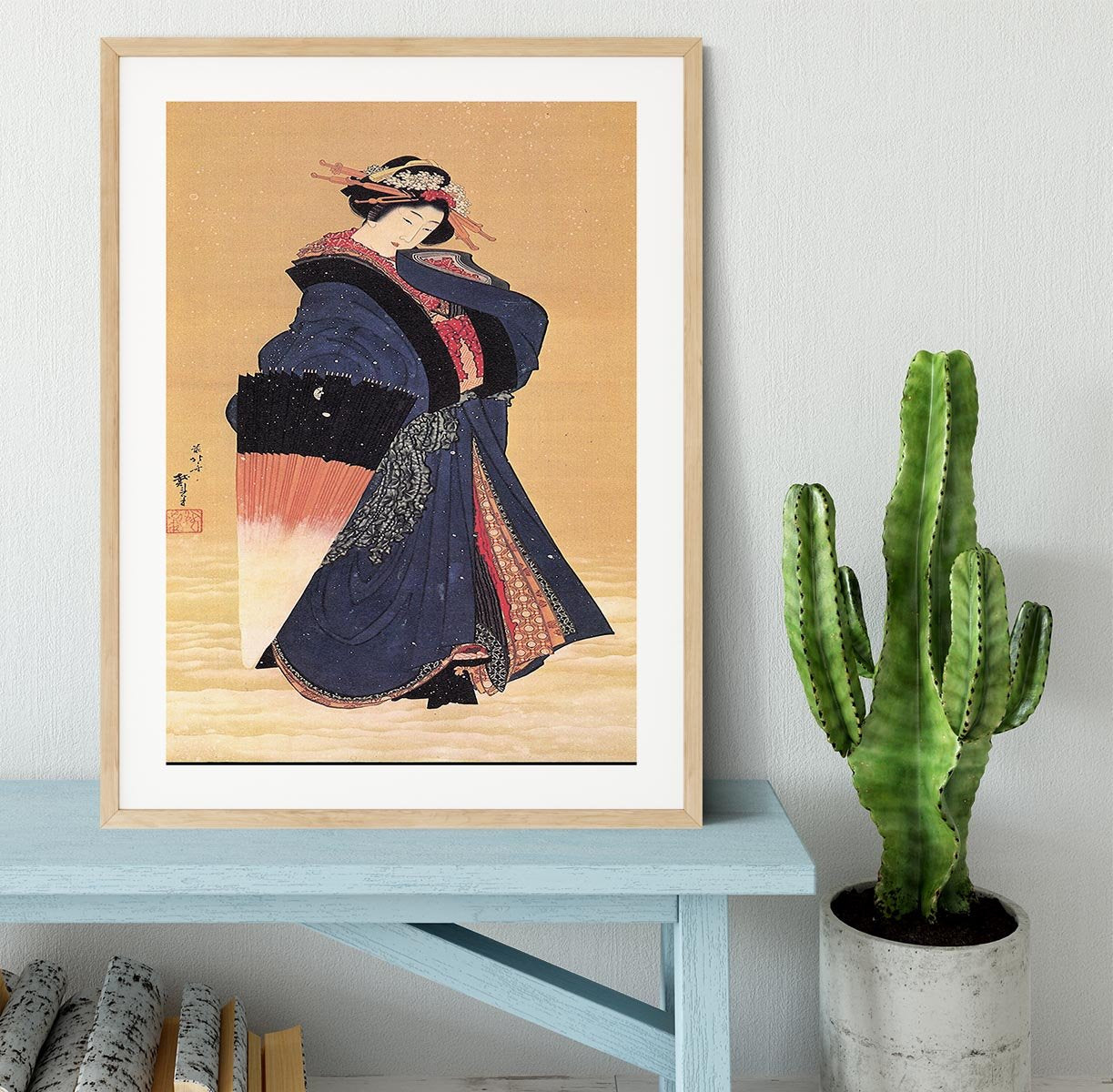 Beauty with umbrella in the snow by Hokusai Framed Print - Canvas Art Rocks - 3