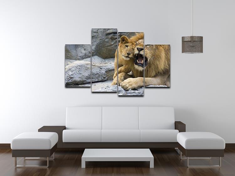Big lion father and his son playing 4 Split Panel Canvas - Canvas Art Rocks - 3