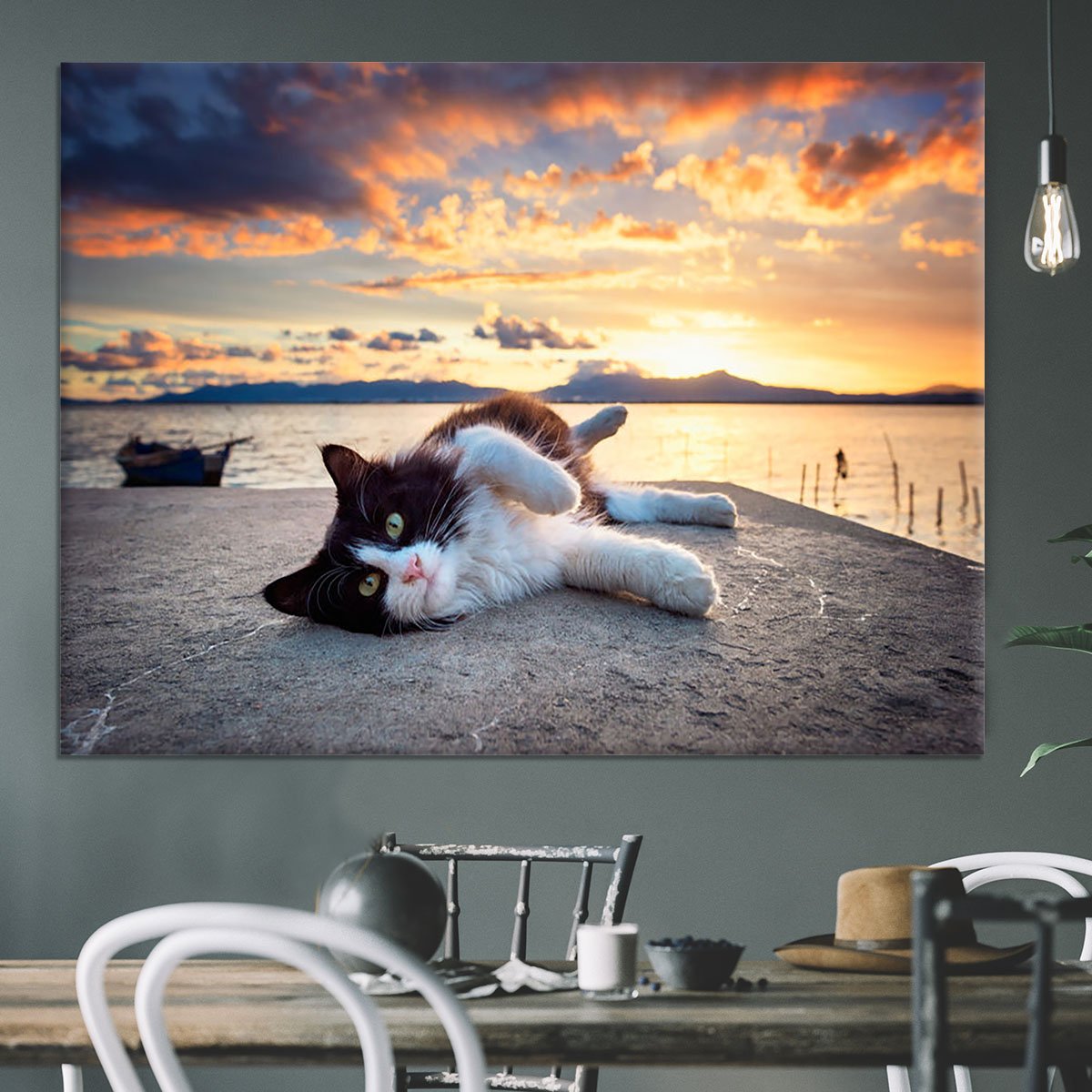 Black and white cat lying under a dramatic sunset Canvas Print or Poster