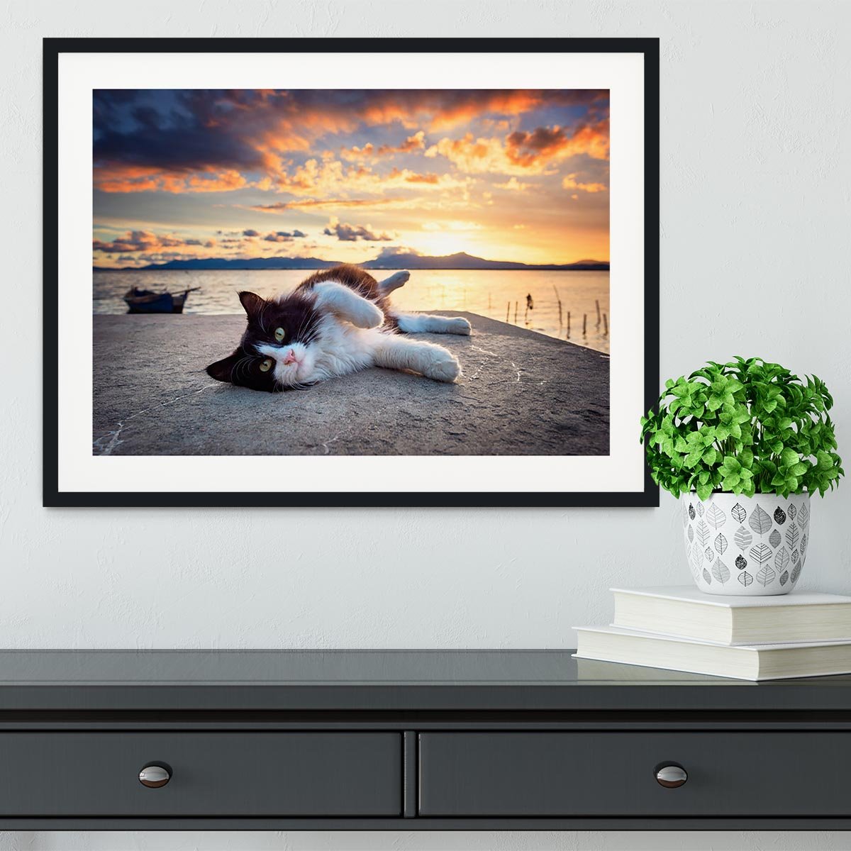 Black and white cat lying under a dramatic sunset Framed Print - Canvas Art Rocks - 1