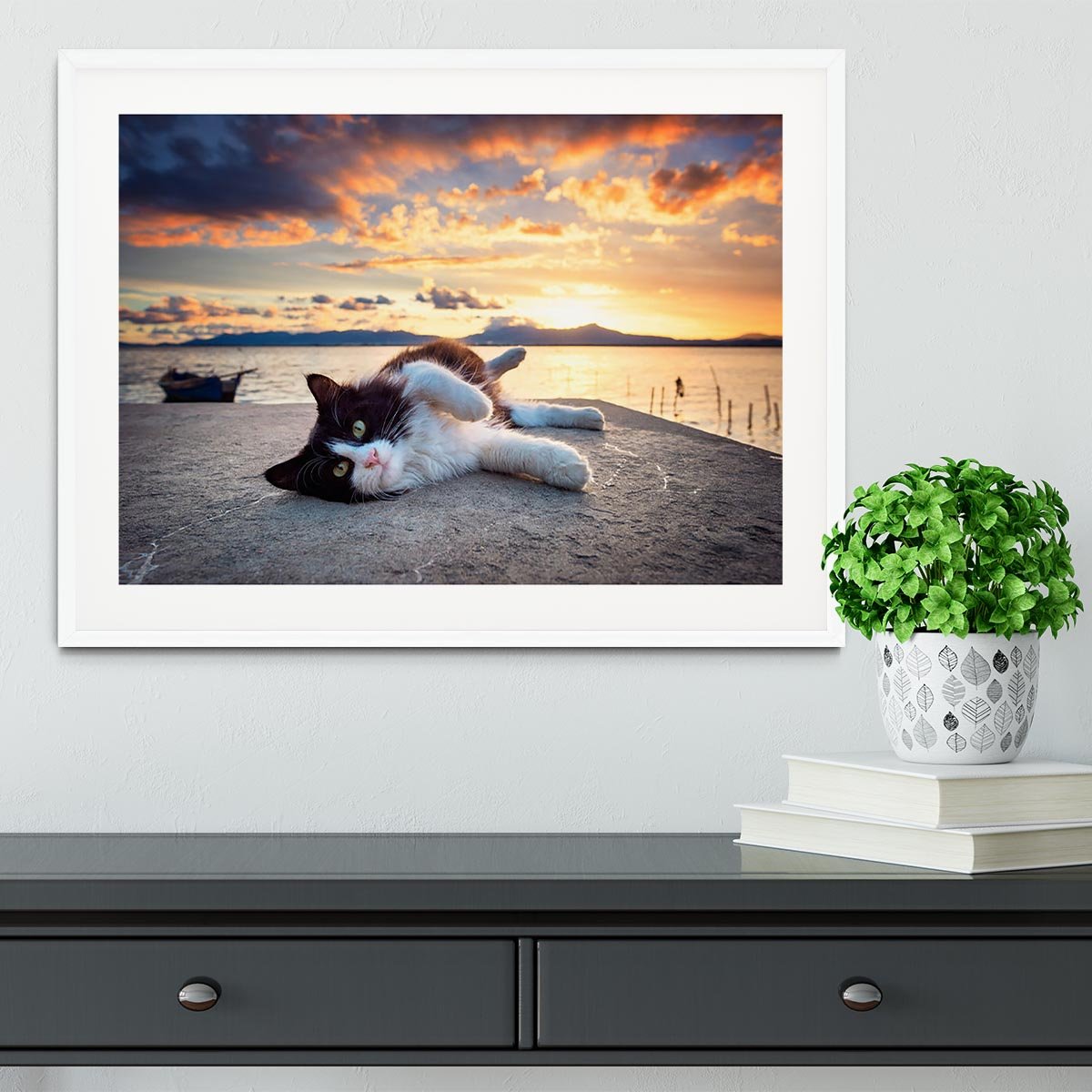 Black and white cat lying under a dramatic sunset Framed Print - Canvas Art Rocks - 5