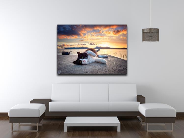 Black and white cat lying under a dramatic sunset on the lagoon Canvas Print or Poster - Canvas Art Rocks - 4