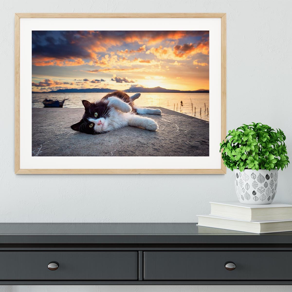 Black and white cat lying under a dramatic sunset on the lagoon Framed Print - Canvas Art Rocks - 3