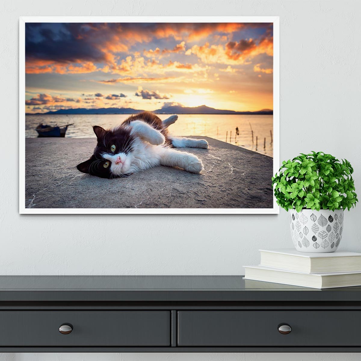 Black and white cat lying under a dramatic sunset on the lagoon Framed Print - Canvas Art Rocks -6