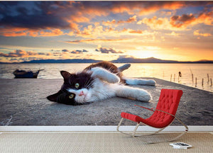 Black and white cat lying under a dramatic sunset on the lagoon Wall Mural Wallpaper - Canvas Art Rocks - 2