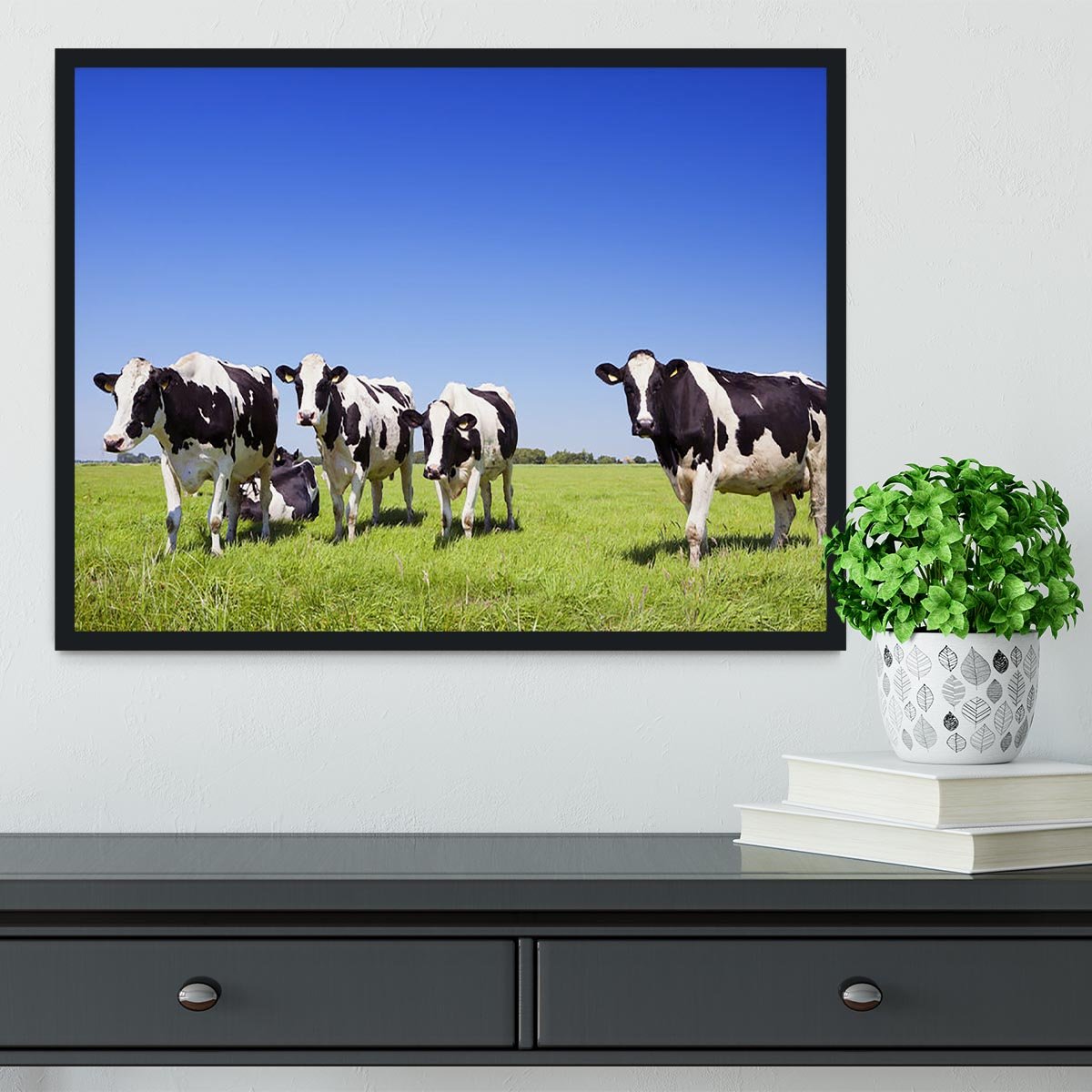 Black and white cows in a grassy field Framed Print - Canvas Art Rocks - 2