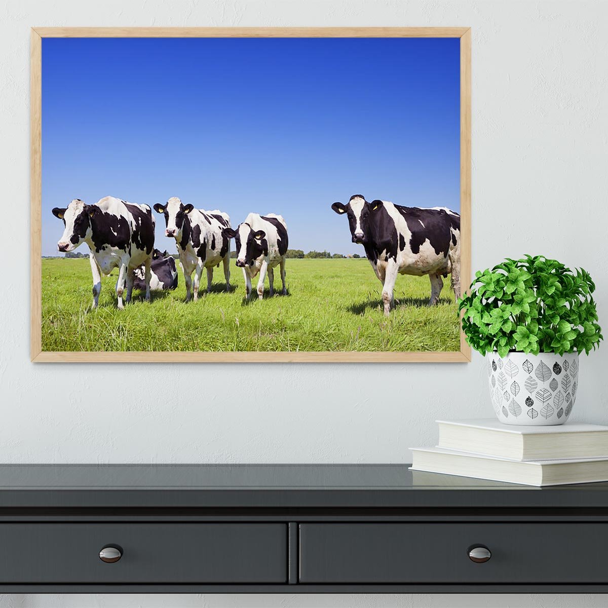 Black and white cows in a grassy field Framed Print - Canvas Art Rocks - 4