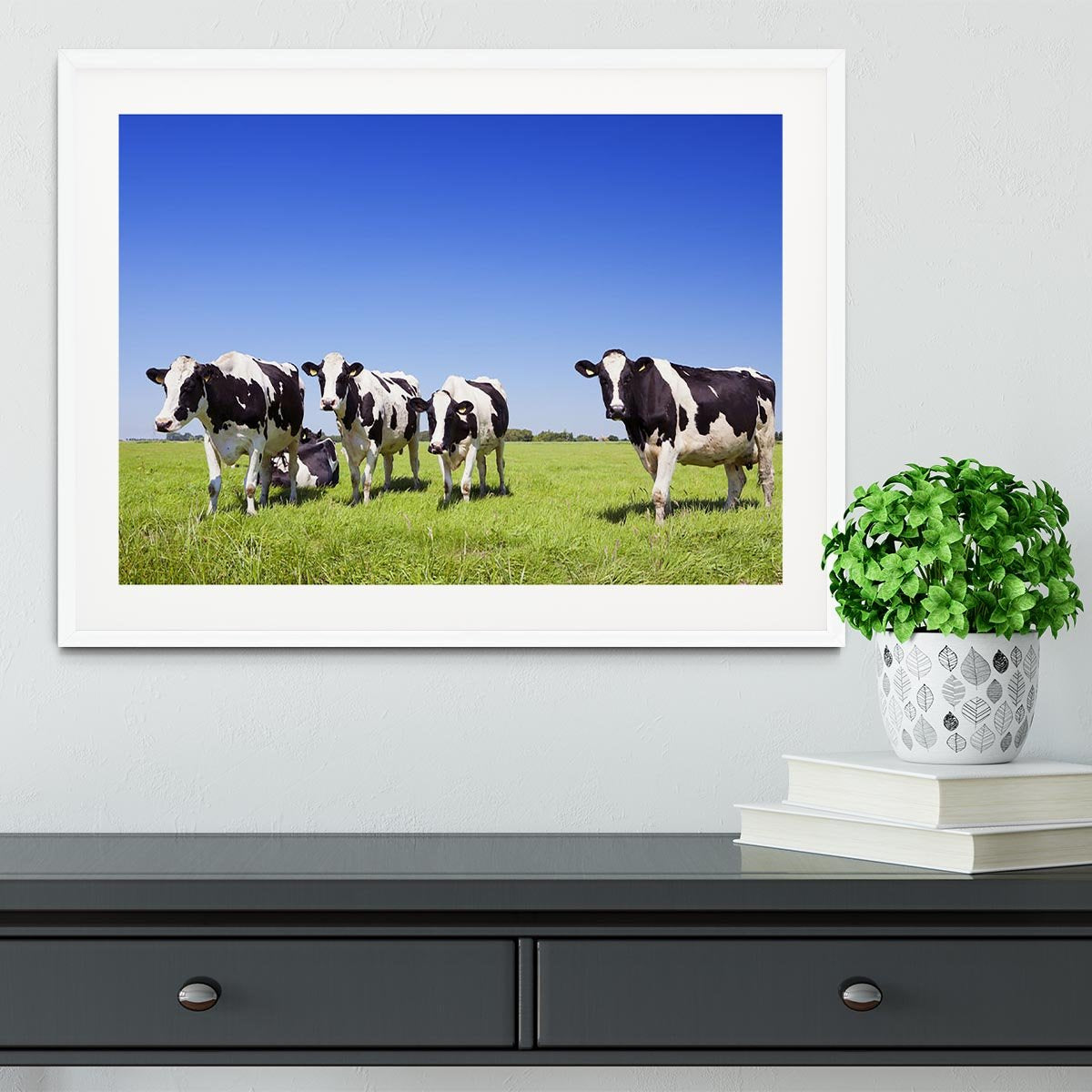 Black and white cows in a grassy field Framed Print - Canvas Art Rocks - 5