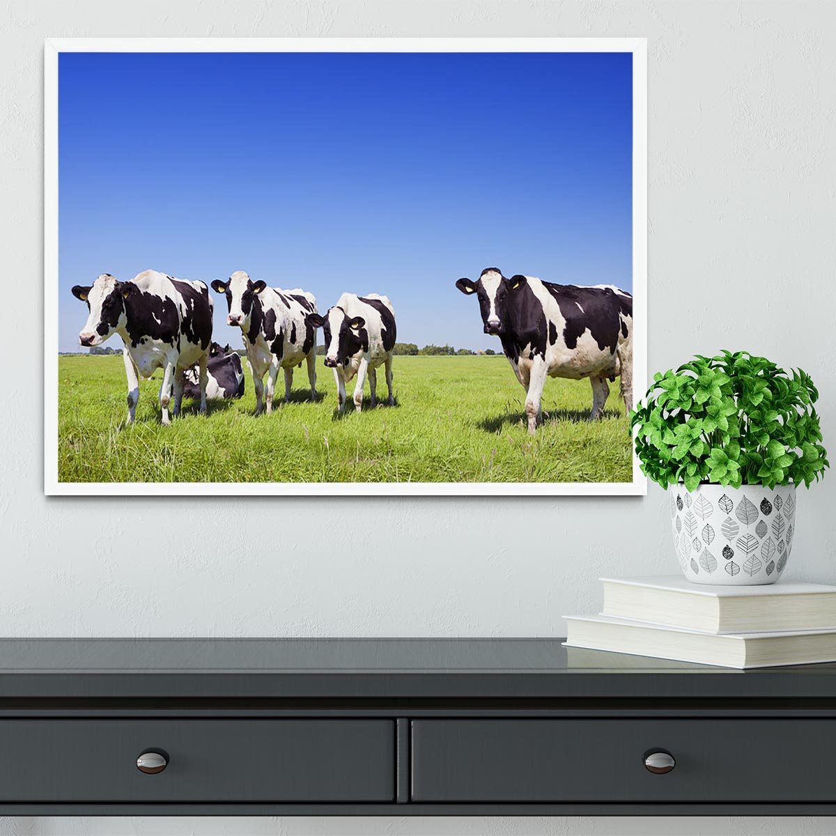 Black and white cows in a grassy field Framed Print - Canvas Art Rocks -6