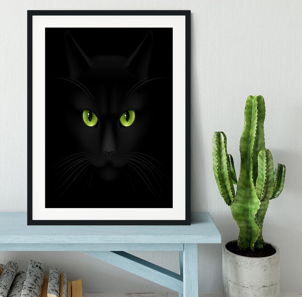 Black cat with green eyes Framed Print - Canvas Art Rocks - 1