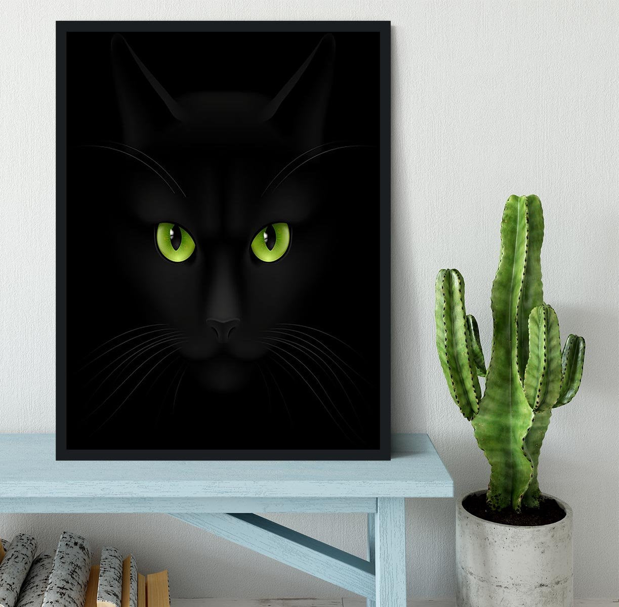 Black cat with green eyes Framed Print - Canvas Art Rocks - 2