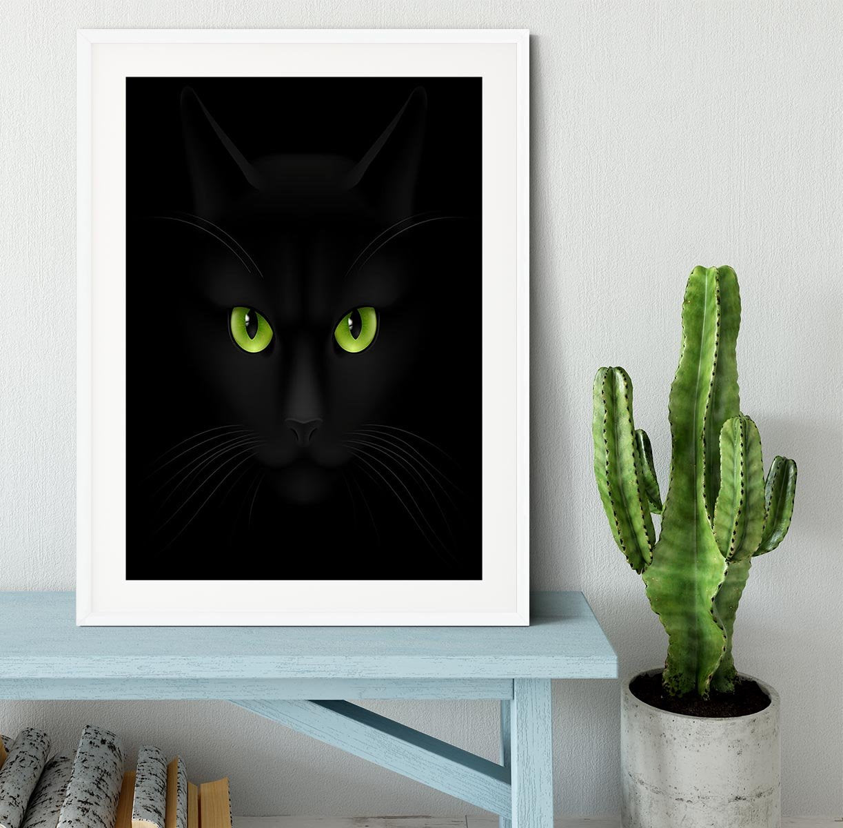Black cat with green eyes Framed Print - Canvas Art Rocks - 5