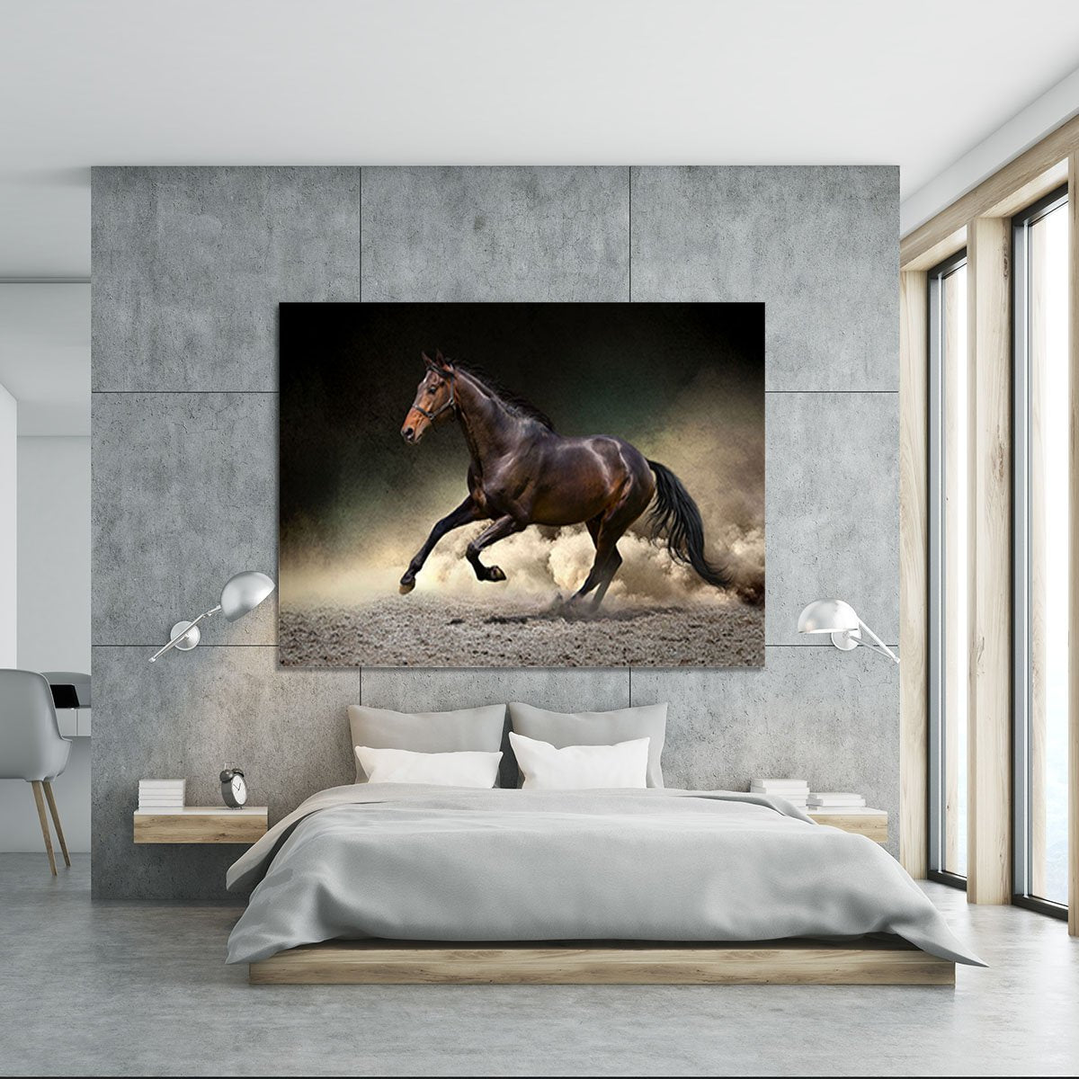 Black horse run gallop in dust desert Canvas Print or Poster